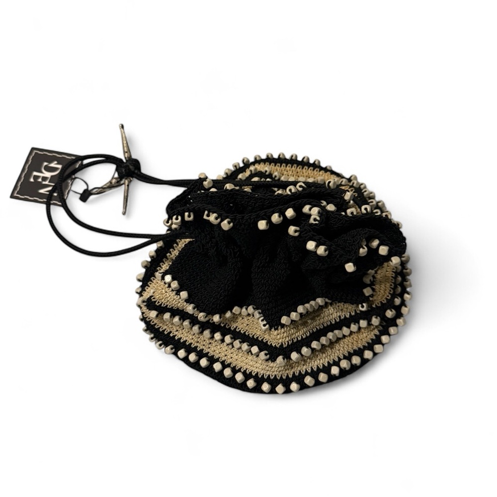 SOLD Vintage 1950s Black & Cream Crochet Drawstring Pouch Handbag